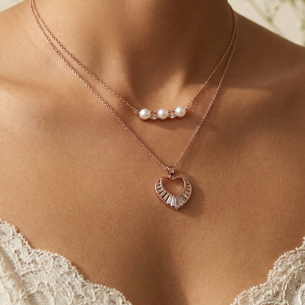 Dream Karigiri Heart Rose Gold Pendant worn at the neck, handmade by Dream Karigiri