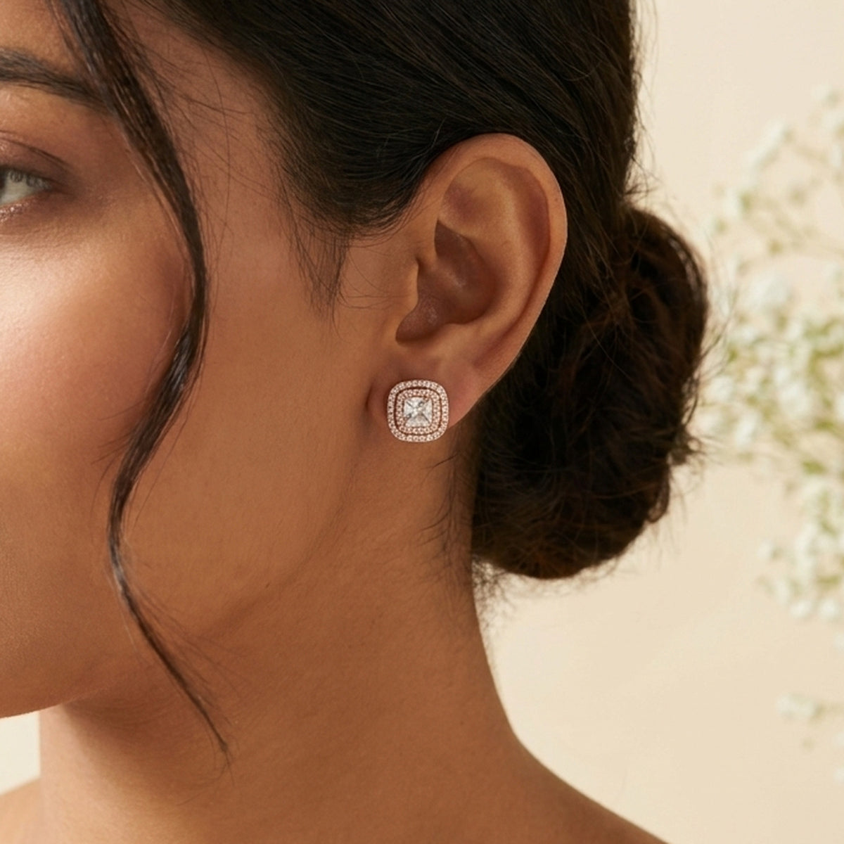 Dream Karigiri Square Halo Stud Earrings worn on the ear, handmade by Dream Karigiri