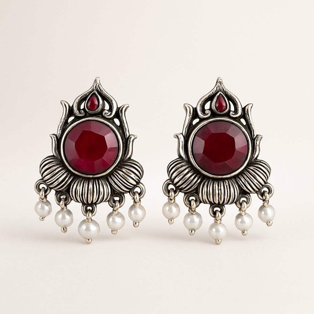 Maroon Kamal Lotus Stud Earrings