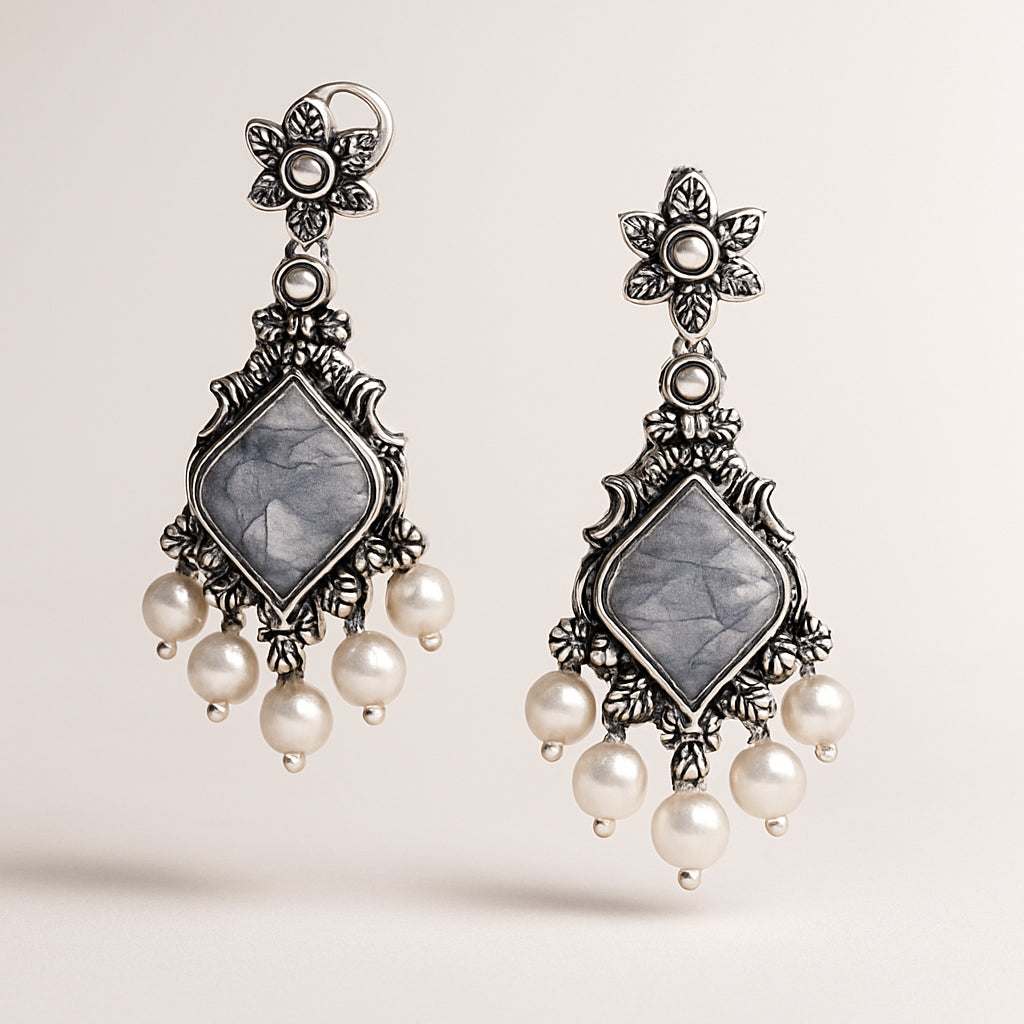 Grey Stone Square Statement Earrings