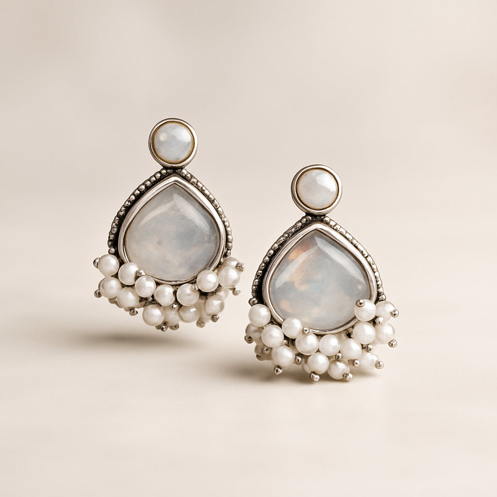 Moonstone Teardrop Pearl-Fringe Studs