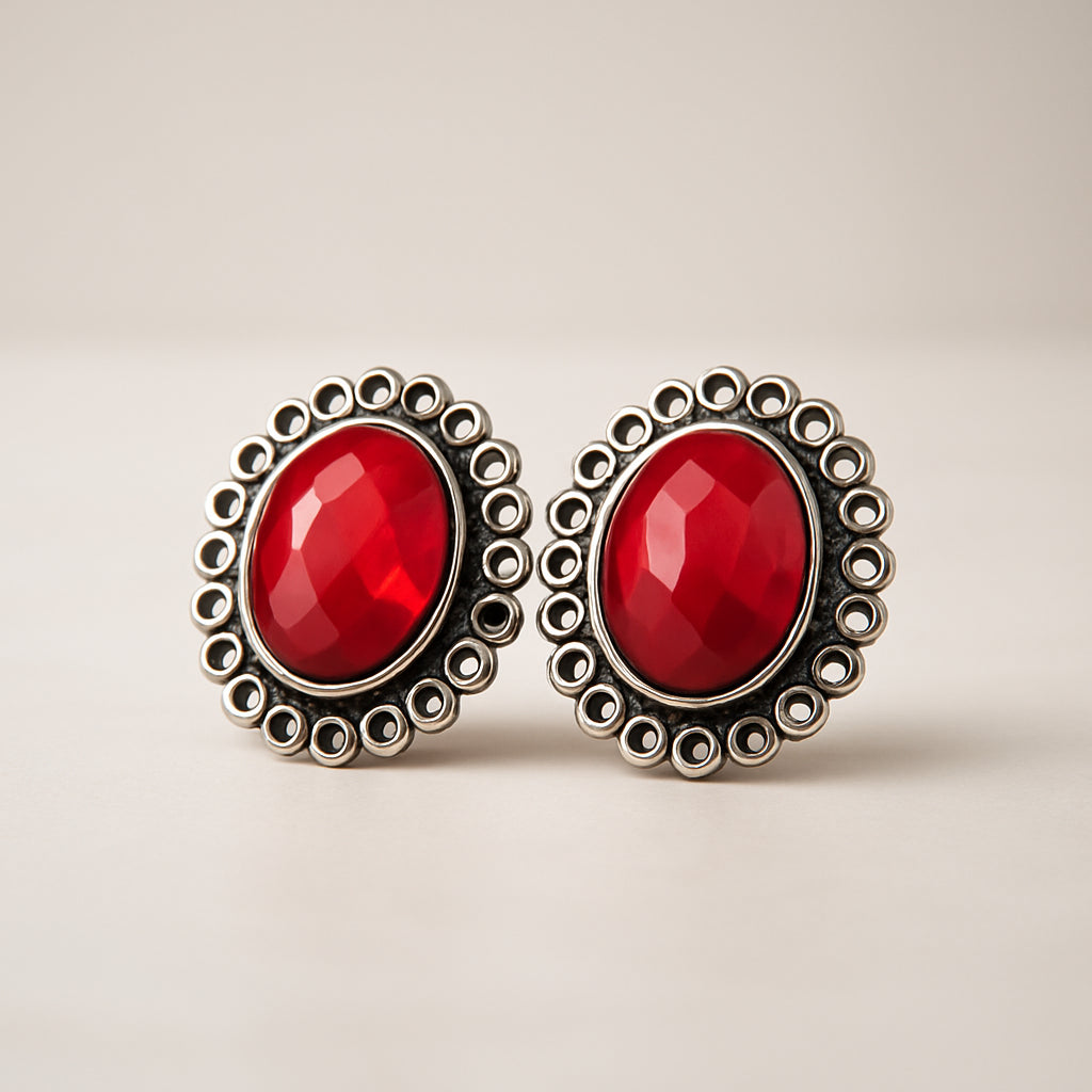 Ruby Red Oval Silver Studs