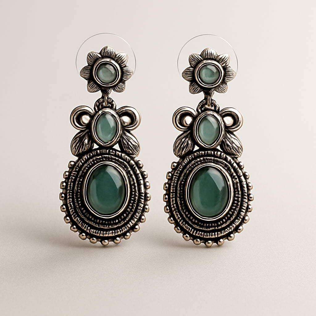 Emerald Oval Oxidised Drop Earrings