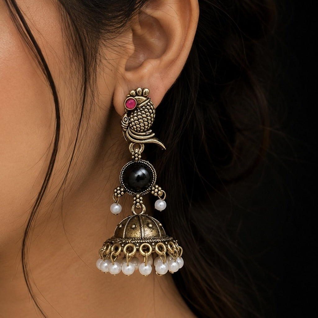 Oxidized Golden Peacock Jhumka - Black