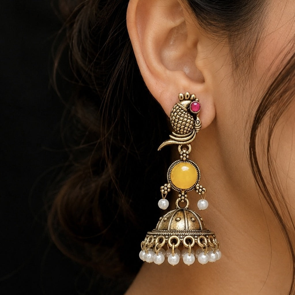 Oxidized Golden Peacock Jhumka - Yellow