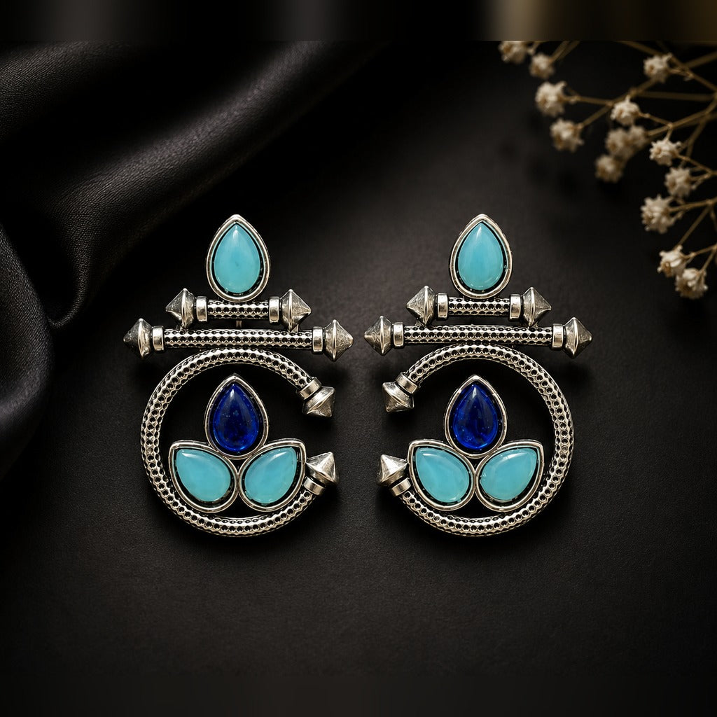 Oxidized Circle Leaf Earrings - Turquoise & Blue