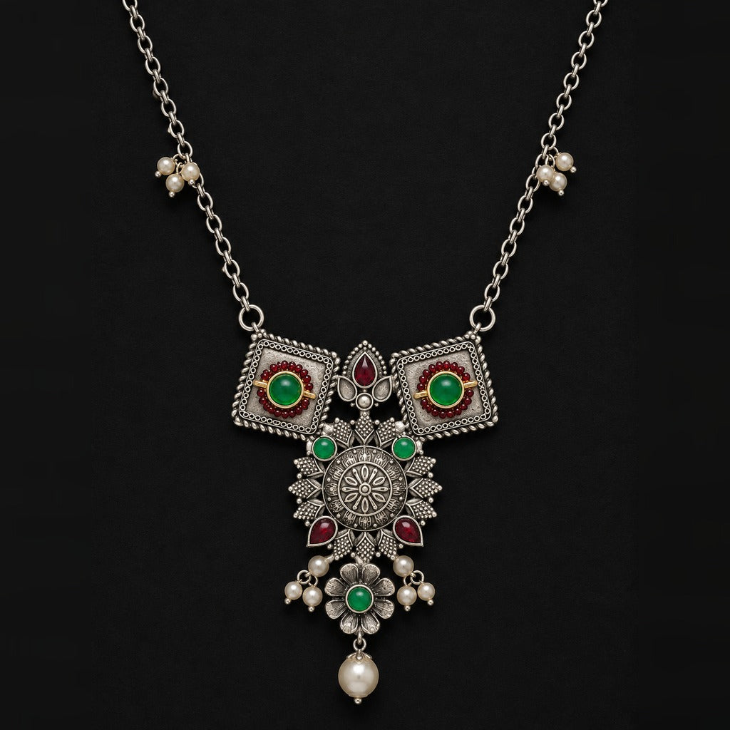 Desi Diva Oxidized Green Kundan Square Necklace