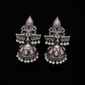 Oxidized Silver Jhumka - Pink