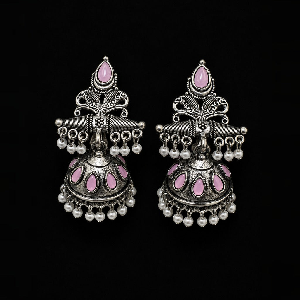 Oxidized Silver Jhumka - Pink