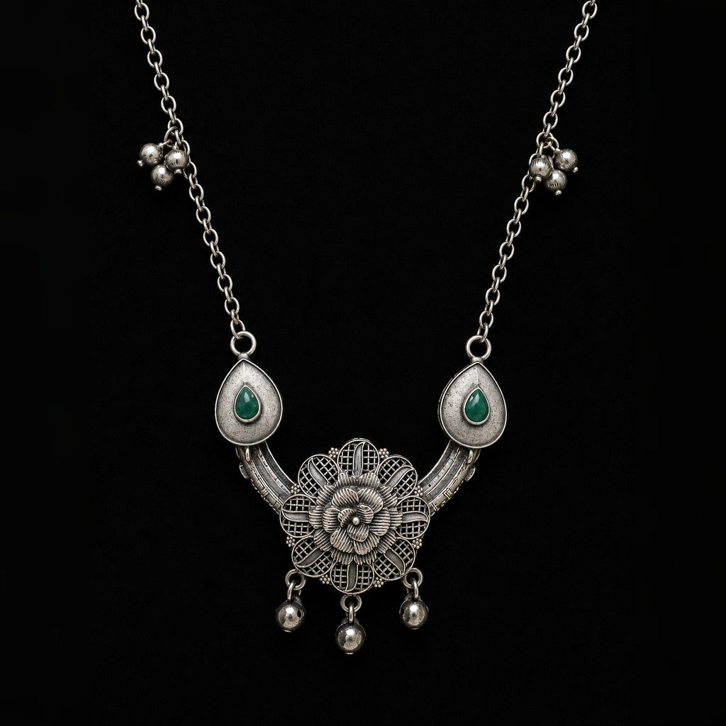 Desi Diva Oxidized Green Teardrop Rose Necklace