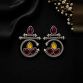 Oxidized Circle Leaf Earrings - Maroon & Yellow